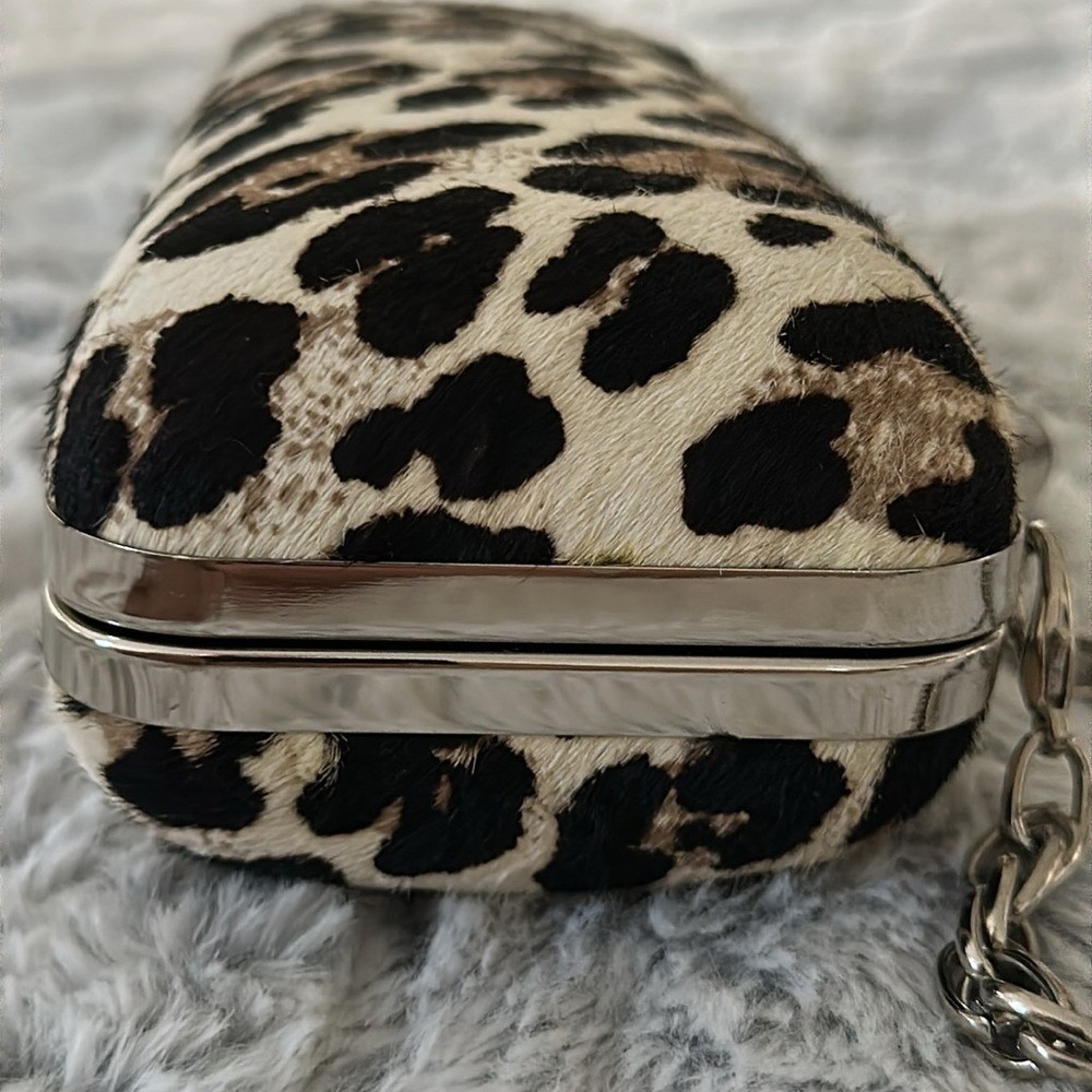 White House Black Market Leopard Haircalf Box Clutch Silver Chain Bag - Picture 5 of 12
